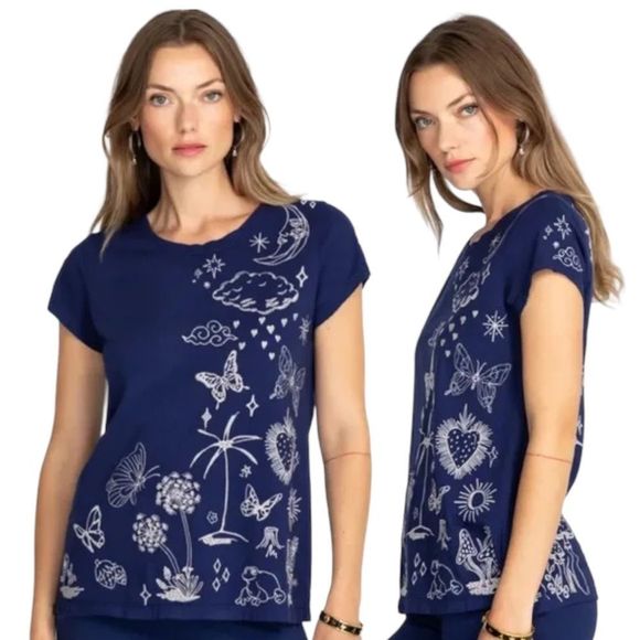 Johnny Was Tops - Johnny Was Noah Cap Sleeve Embroidered Tee